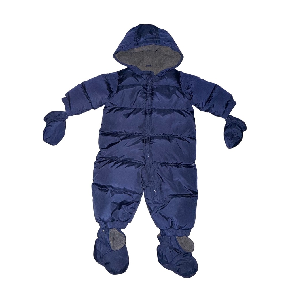 Baby Gap Puffer Bunting 6-12M Navy Blue Down Filled Fleece Lined Snowsuit Winter